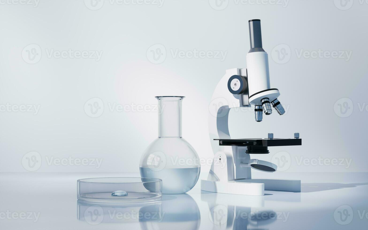 artigos de vidro e microscópio dentro a laboratório, 3d Renderização. foto