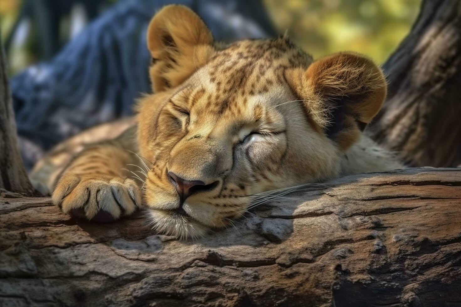 fechar acima do uma leão filhote dormindo.ai gerado foto