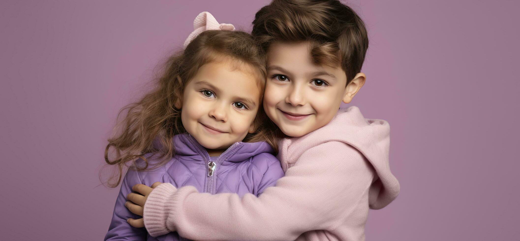 pequeno Garoto e menina em uma roxa fundo. a conceito do crianças amizade.ai gerado foto