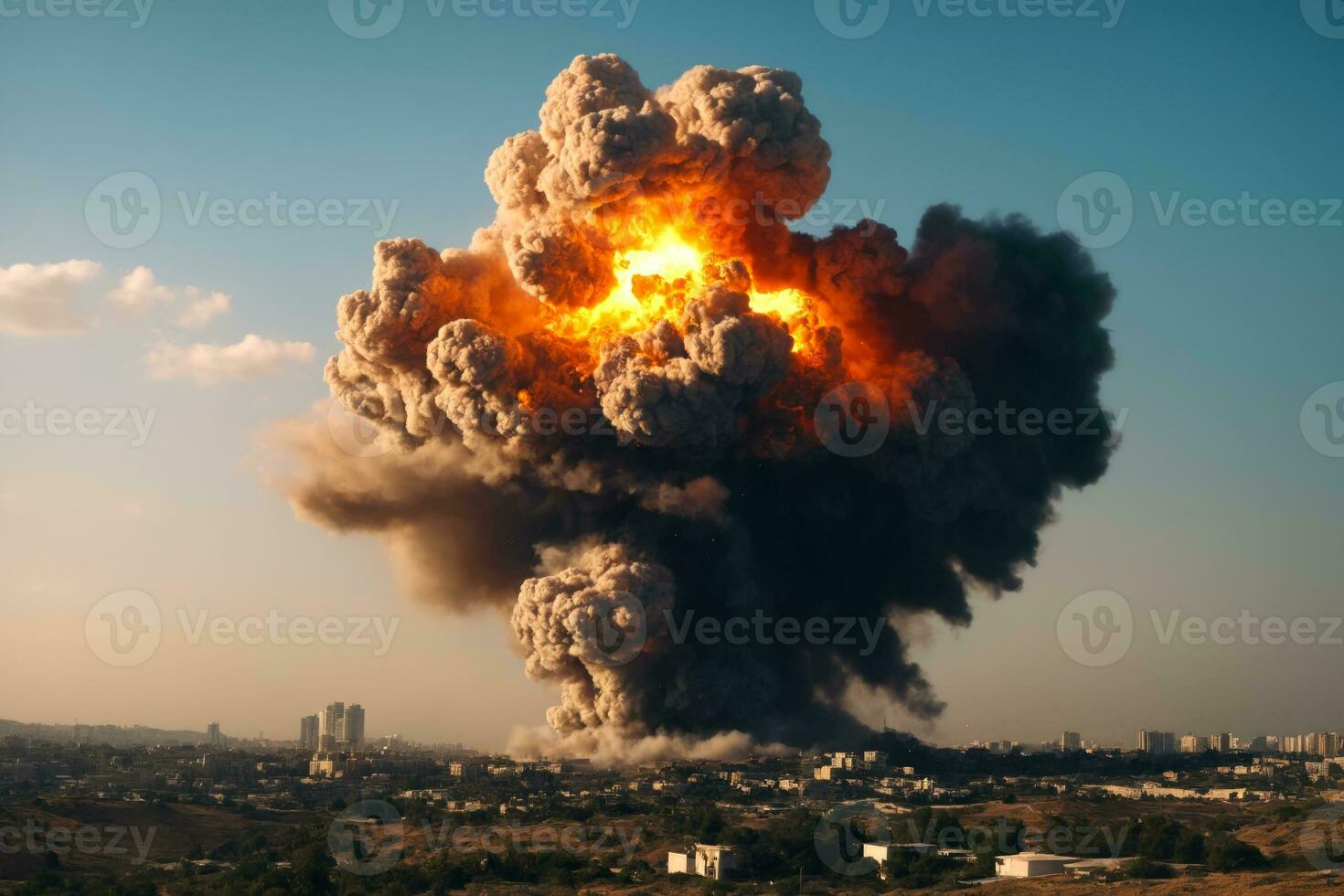 terror dentro a céu, explosivo sobre meio Oriental cidade, ai gerado foto