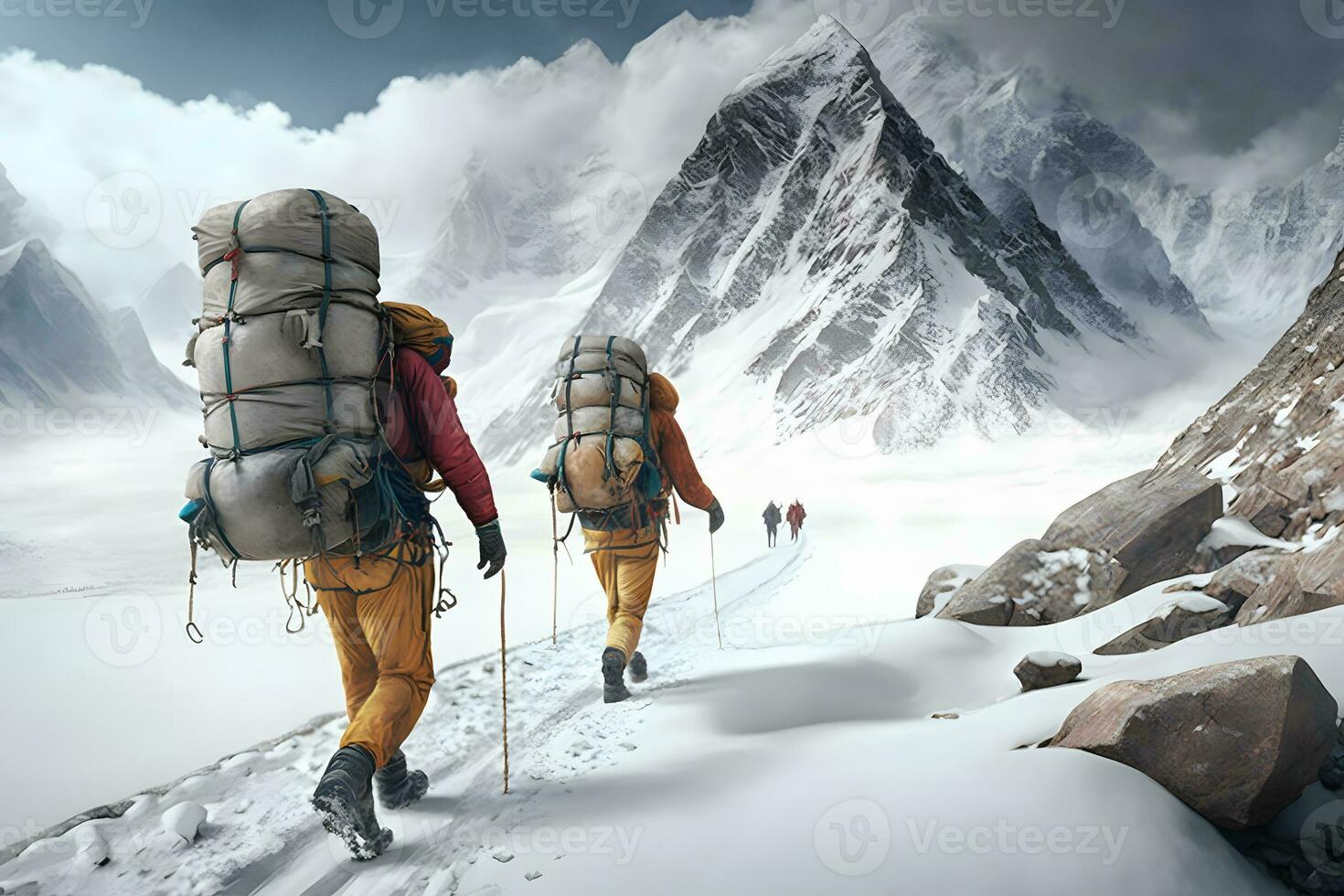 grupo do turistas dentro inverno dentro a montanhas. trabalho em equipe conceito. neural rede ai gerado foto