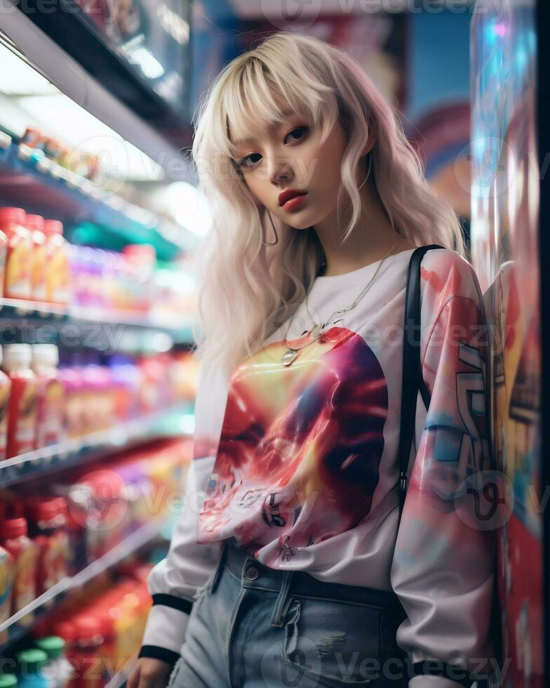 uma à moda menina vestindo streetwear dentro uma conveniência loja ai generativo foto