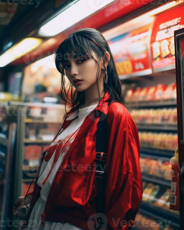 uma à moda menina vestindo streetwear dentro uma conveniência loja ai generativo foto
