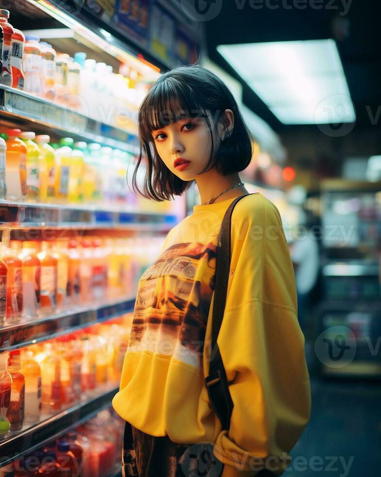 uma à moda menina vestindo streetwear dentro uma conveniência loja ai generativo foto