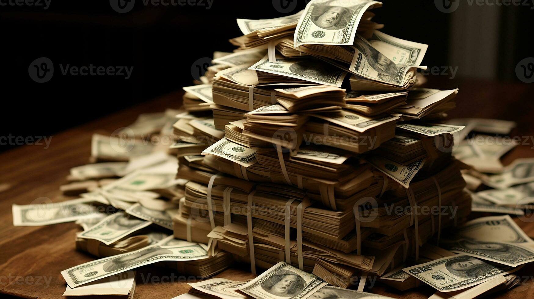 pilha do dinheiro em a mesa, conceito fundo, ai gerado foto