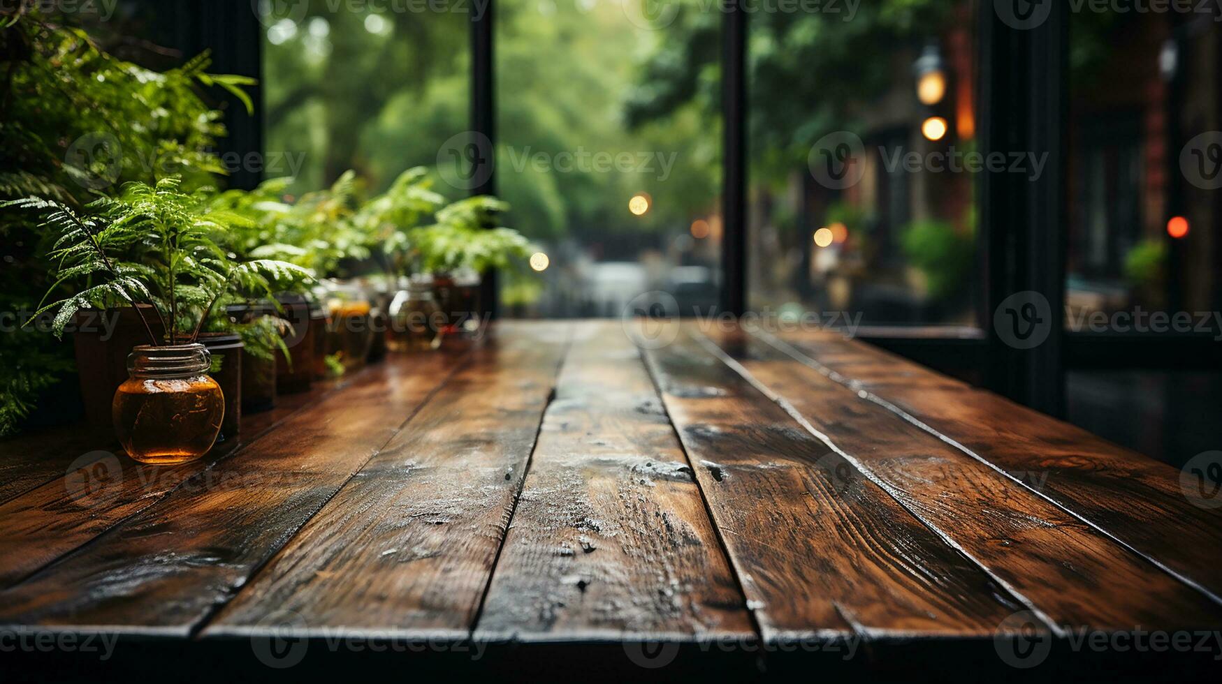 de madeira mesa dentro a ao ar livre restaurante ou bar, ai gerado foto