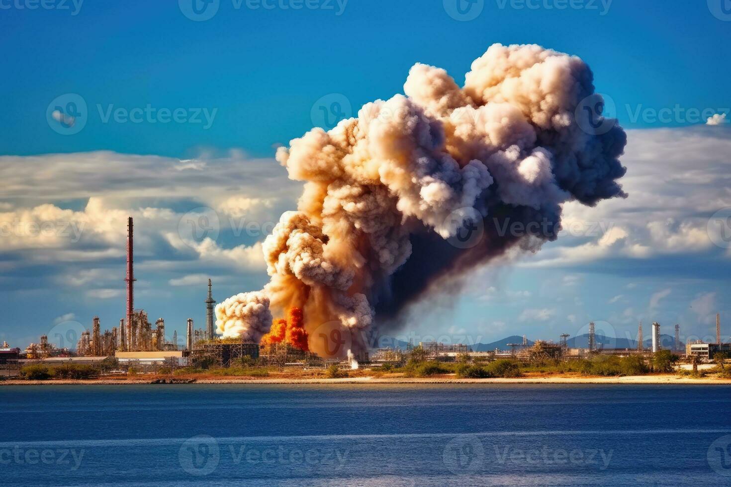 grande explosão dentro a no mar óleo refinaria ai gerado foto