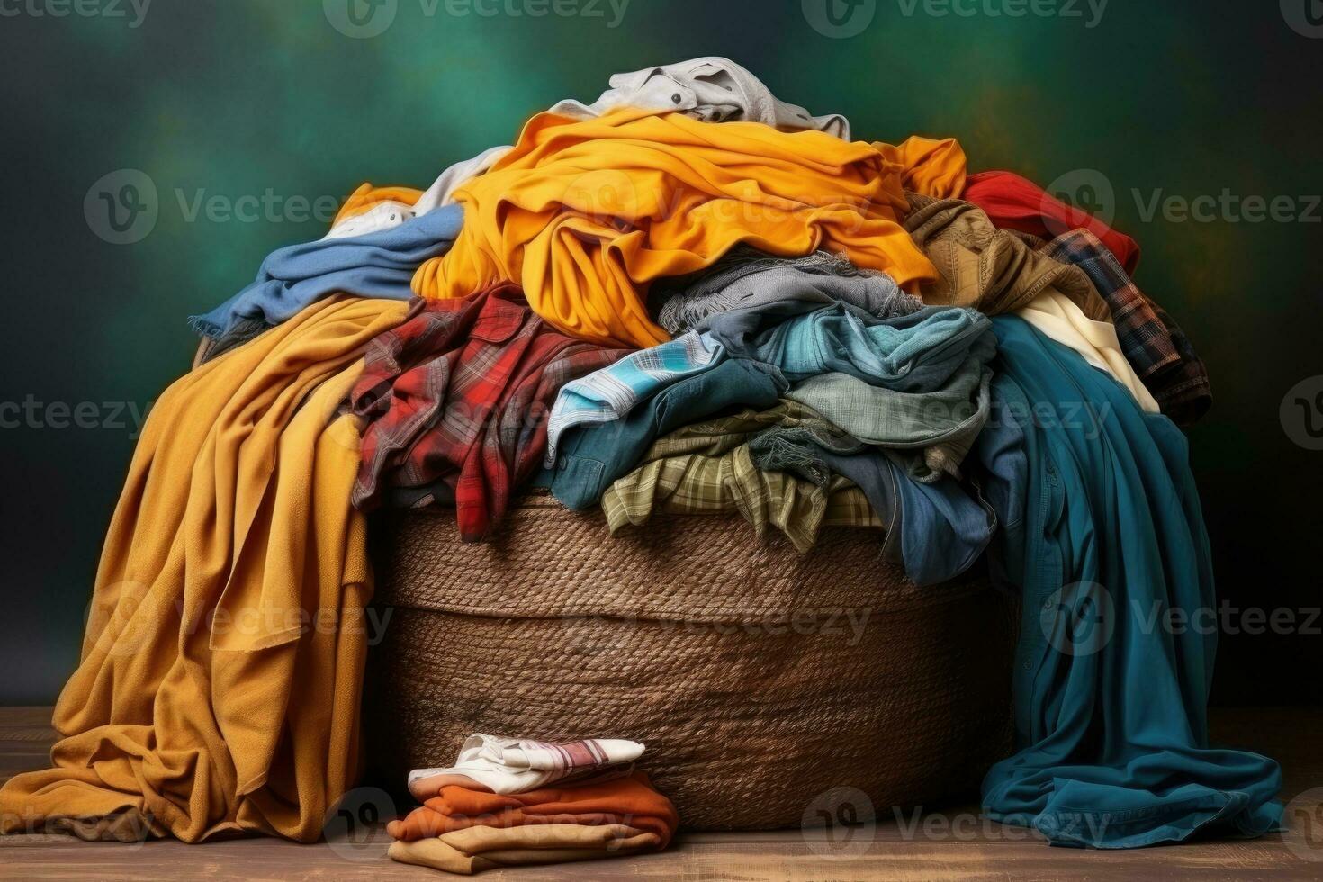 pilha do sujo roupas e vime cesta com sujo lavanderia profissional publicidade fotografia ai generativo foto