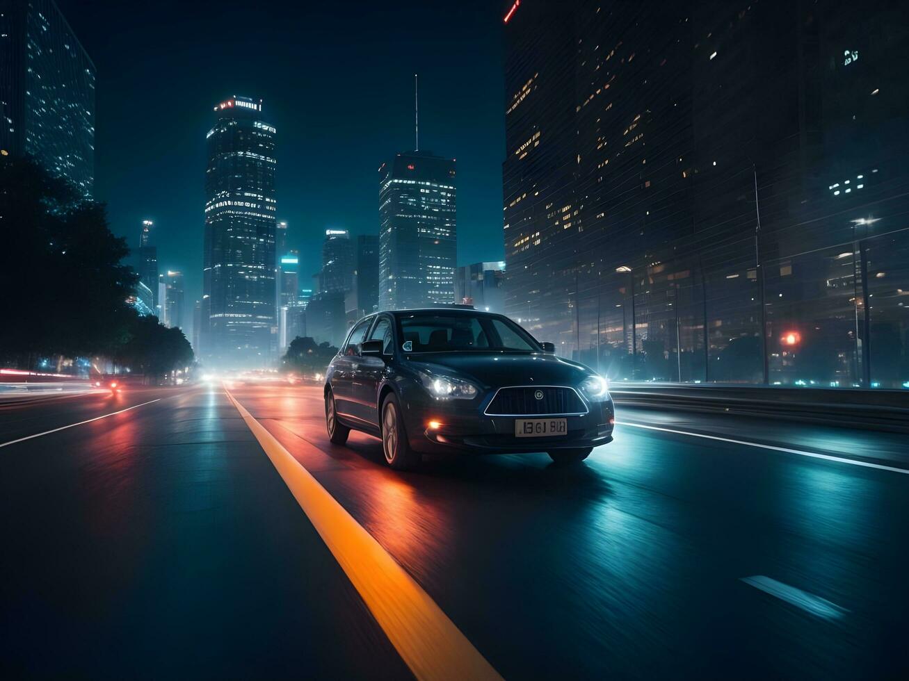 uma comovente carro dentro a noite cidade ai gerar foto