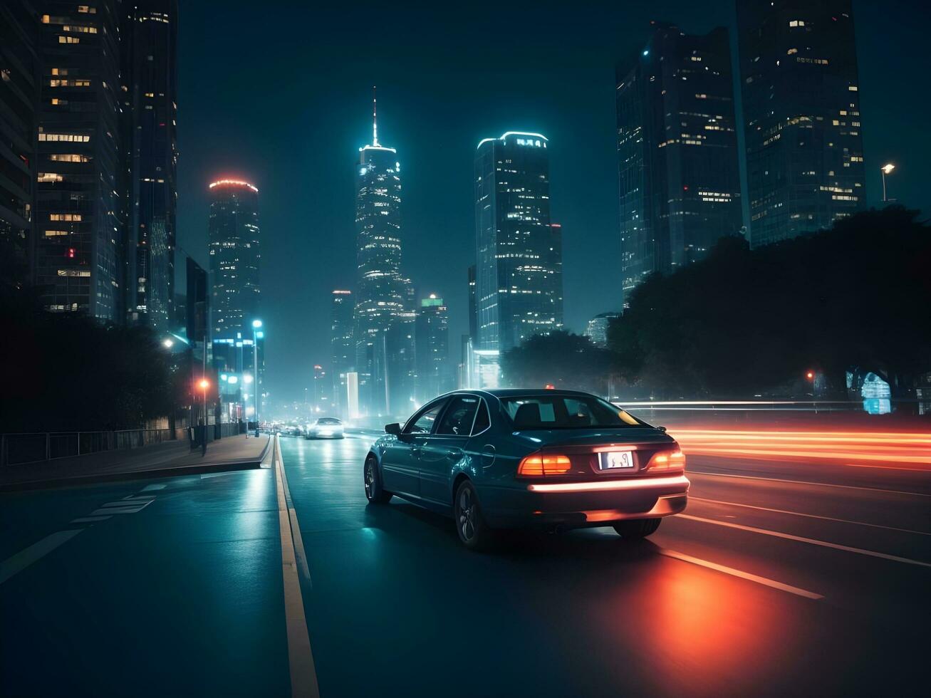 uma comovente carro dentro a noite cidade ai gerar foto