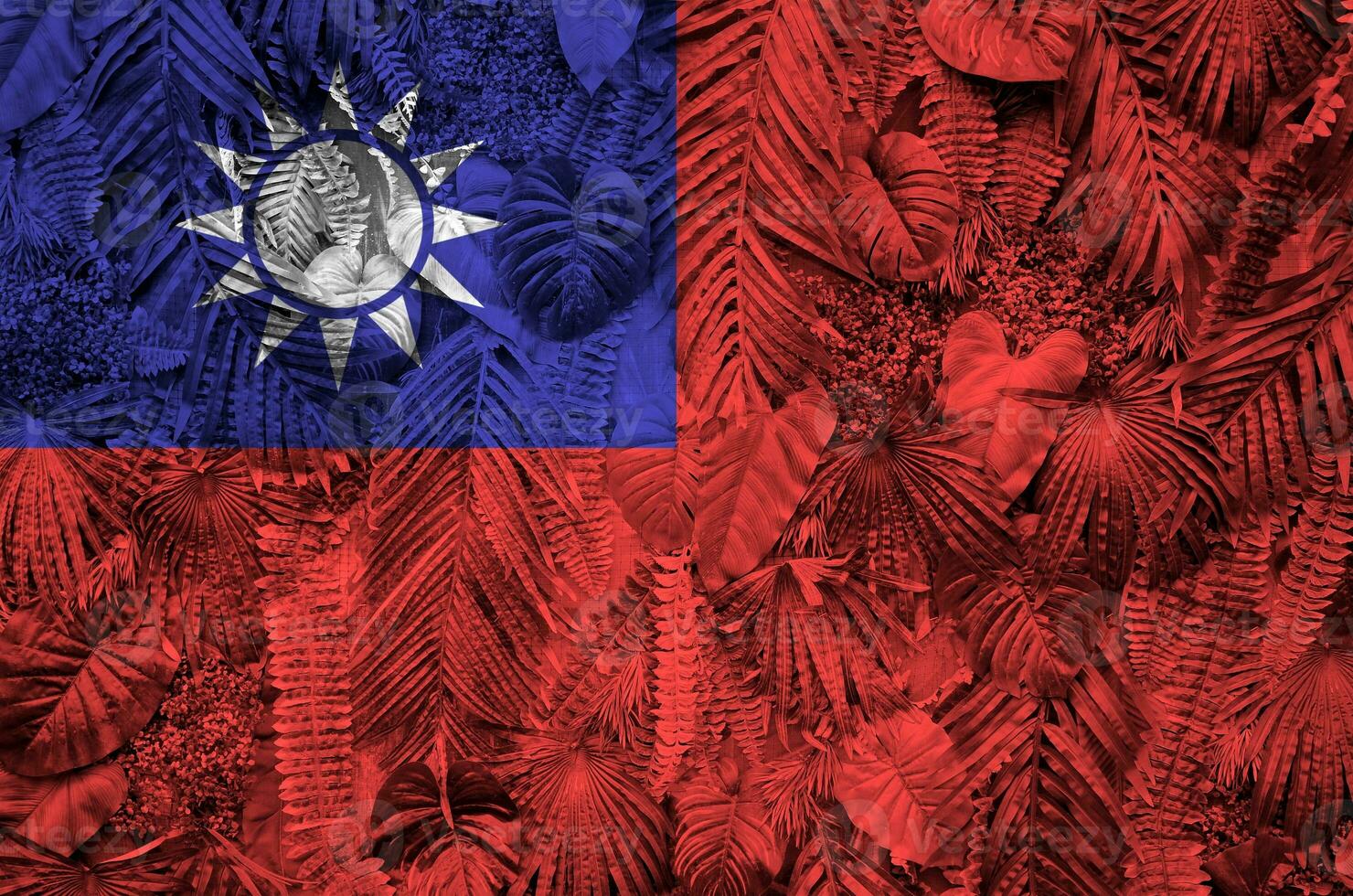 Taiwan bandeira retratado em muitos folhas do monstera Palma árvores na moda elegante pano de fundo foto