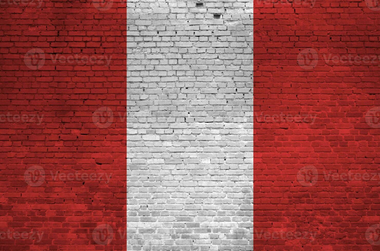 Peru bandeira retratado dentro pintura cores em velho tijolo muro. texturizado bandeira em grande tijolo parede alvenaria fundo foto
