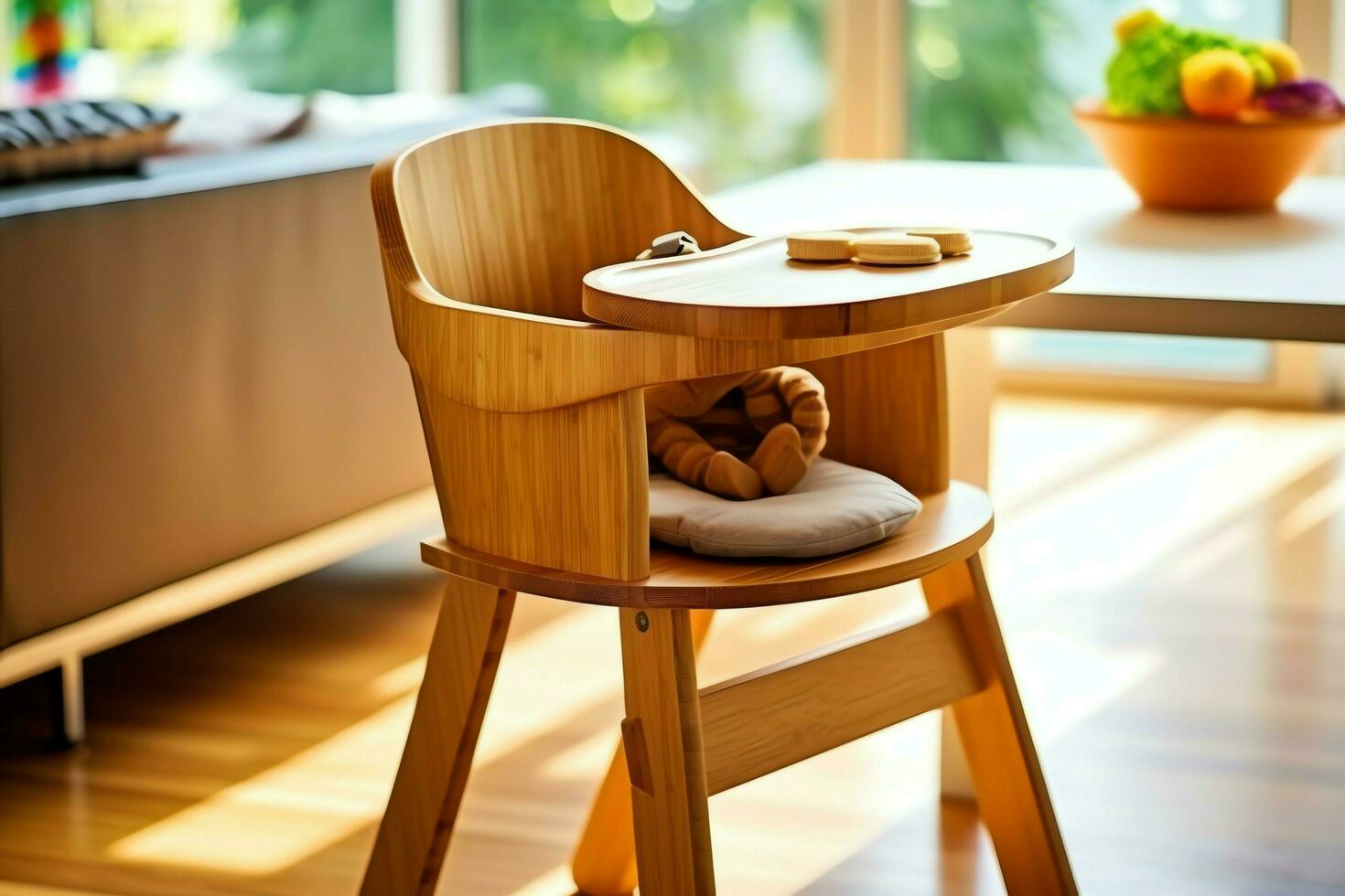 convencional bebê alimentando cadeira dentro a jantar mesa às casa ou cozinha. criança Alto cadeira mobília conceito de ai gerado foto