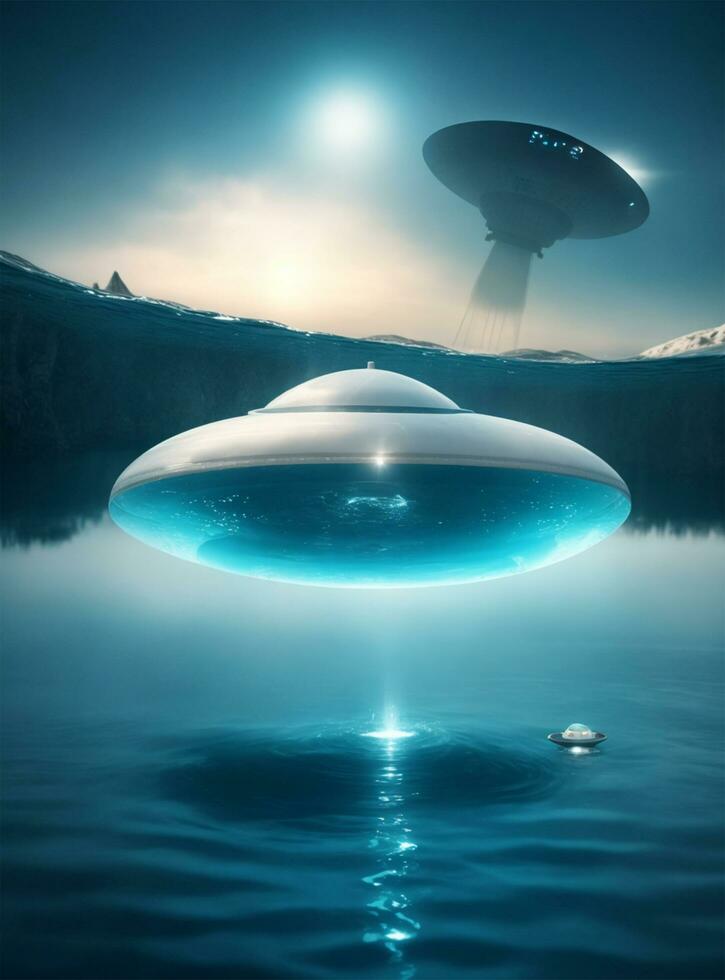 UFO vôo sobre água com dois estrangeiro navios foto