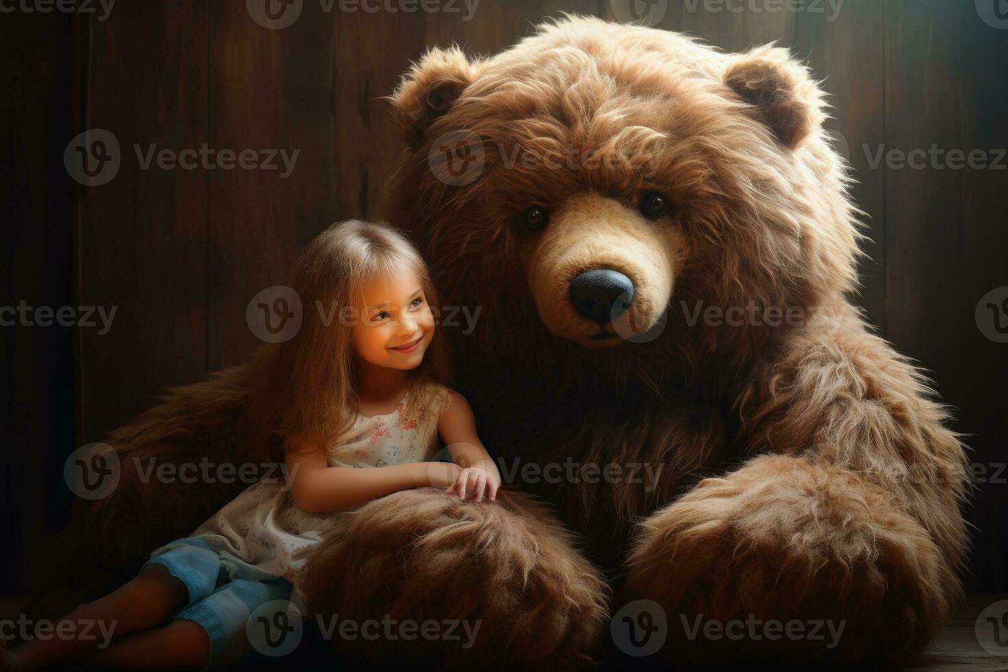 uma fofa grande urso Teddy e uma pequeno garota. ai generativo foto