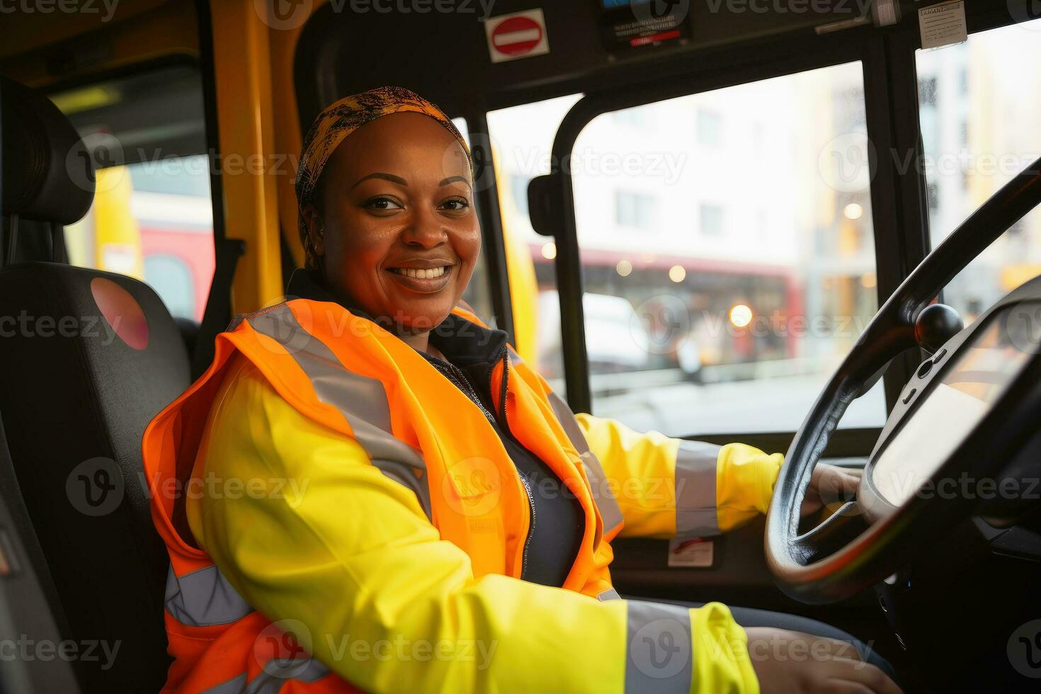 uma fêmea ônibus motorista às trabalhar. ai generativo foto