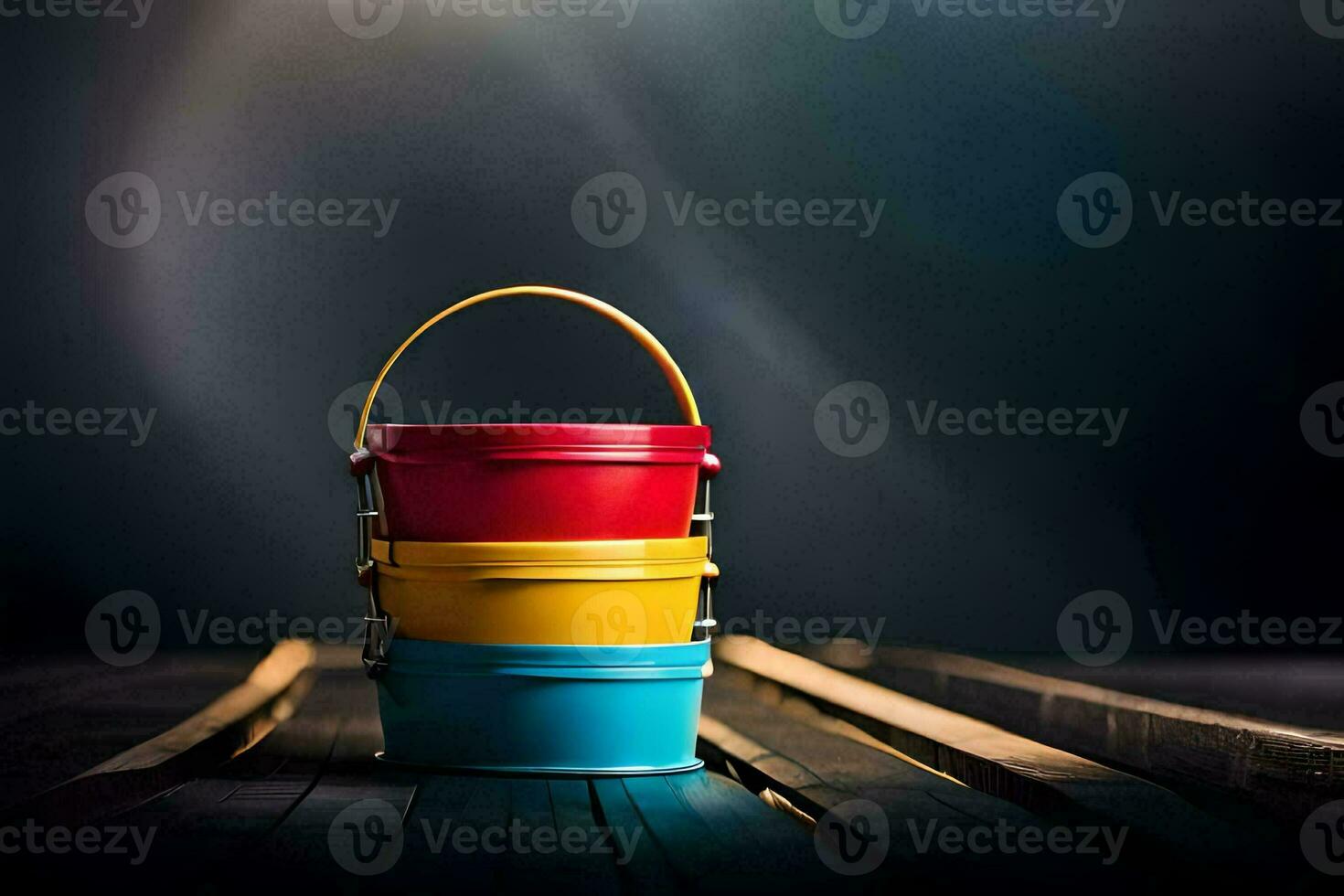 três colorida baldes sentado em uma de madeira mesa. gerado por IA foto