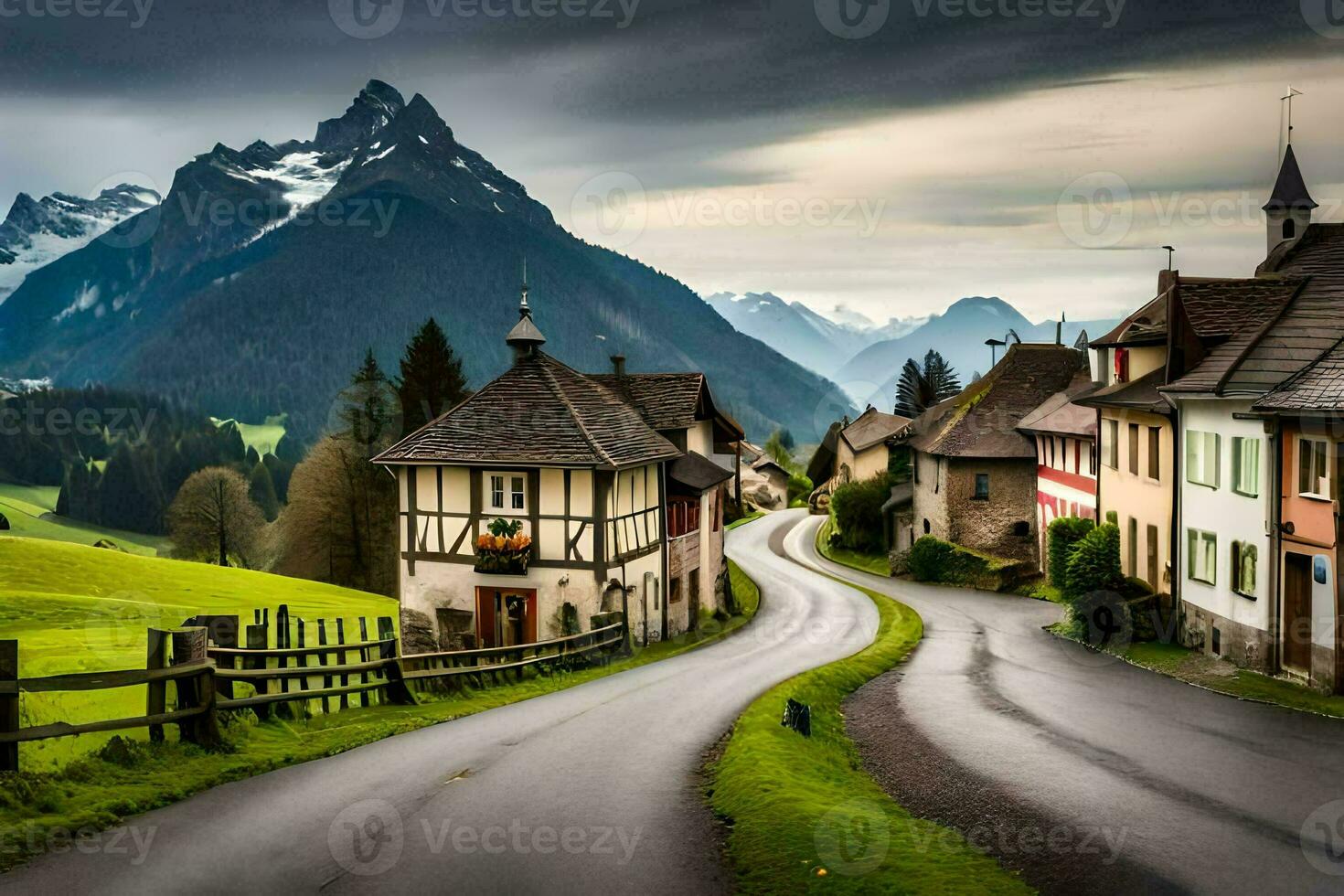 uma estrada dentro a montanhas com casas e montanhas dentro a fundo. gerado por IA foto