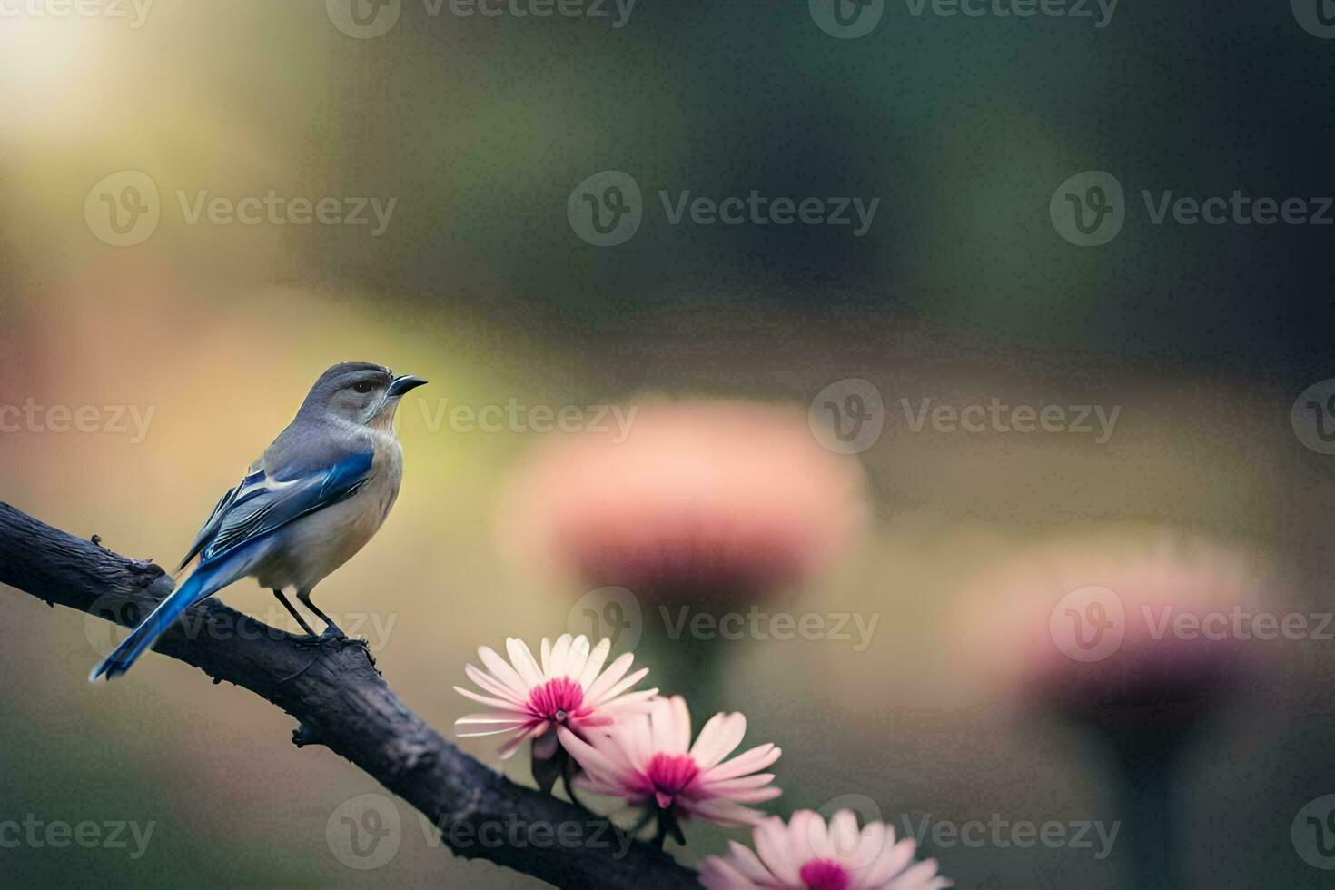 uma azul pássaro senta em uma ramo com Rosa flores gerado por IA foto