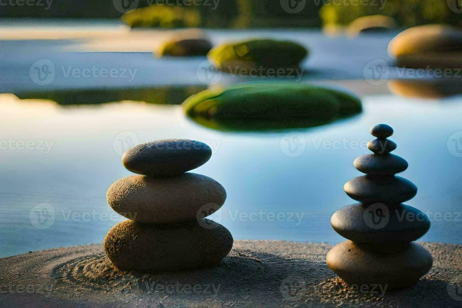 dois pedras empilhado em topo do cada de outros perto uma lago. gerado por IA foto