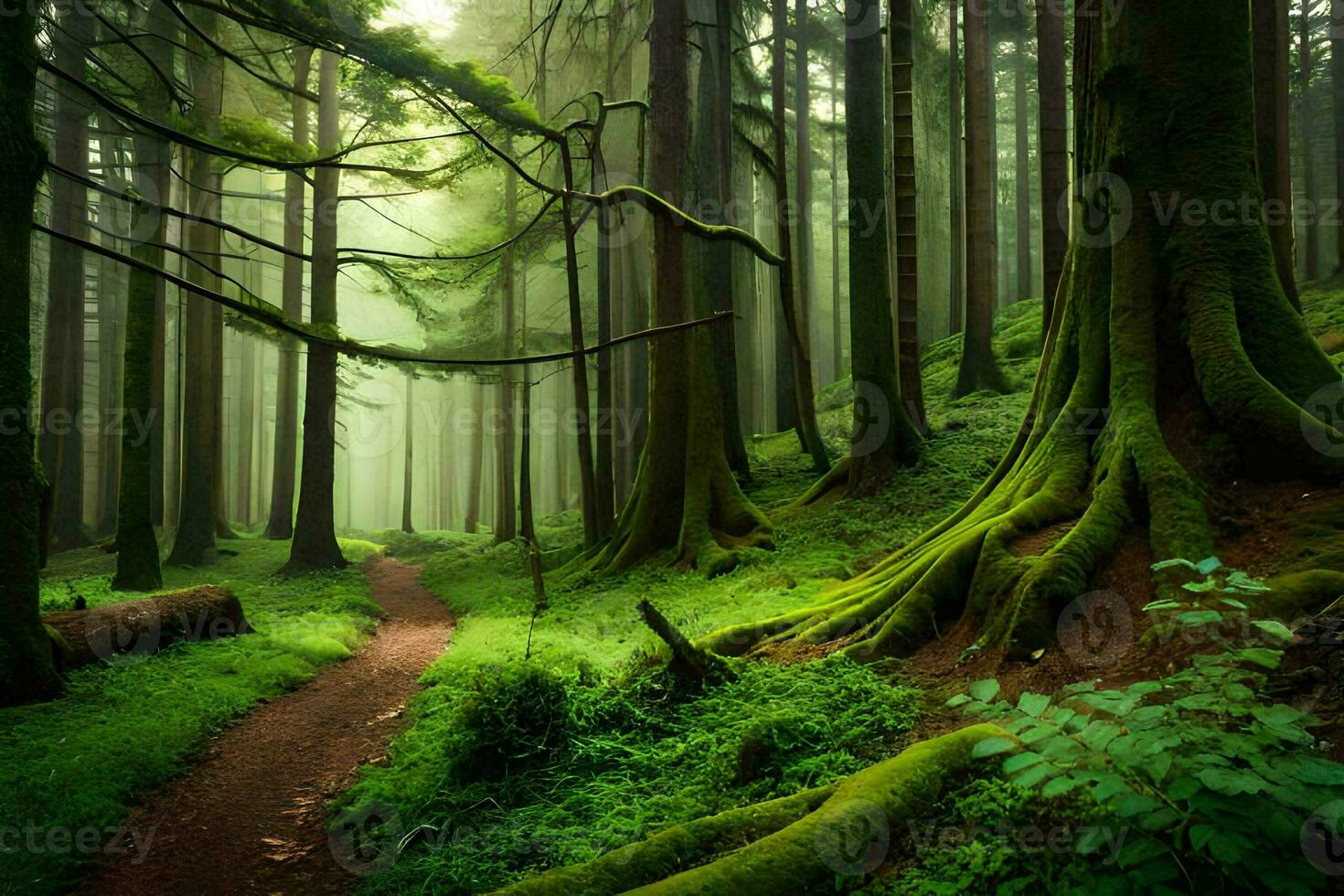 uma caminho através uma verde floresta com árvores e musgo. gerado por IA foto