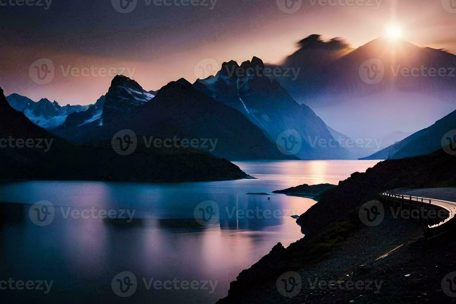 a Sol é configuração sobre uma lago e montanhas. gerado por IA foto