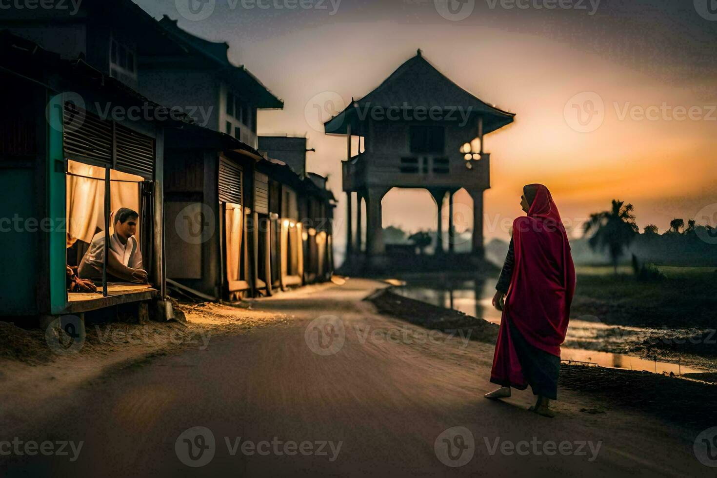 uma mulher dentro uma vermelho vestir anda em baixa uma estrada às pôr do sol. gerado por IA foto