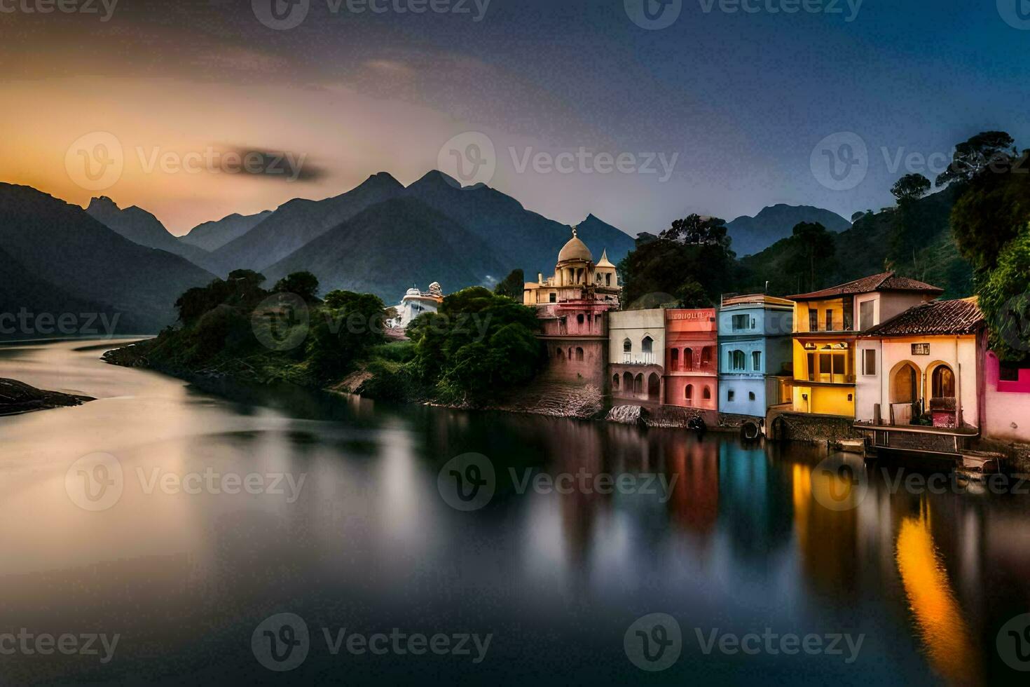 colorida casas em a bancos do uma rio às pôr do sol. gerado por IA foto
