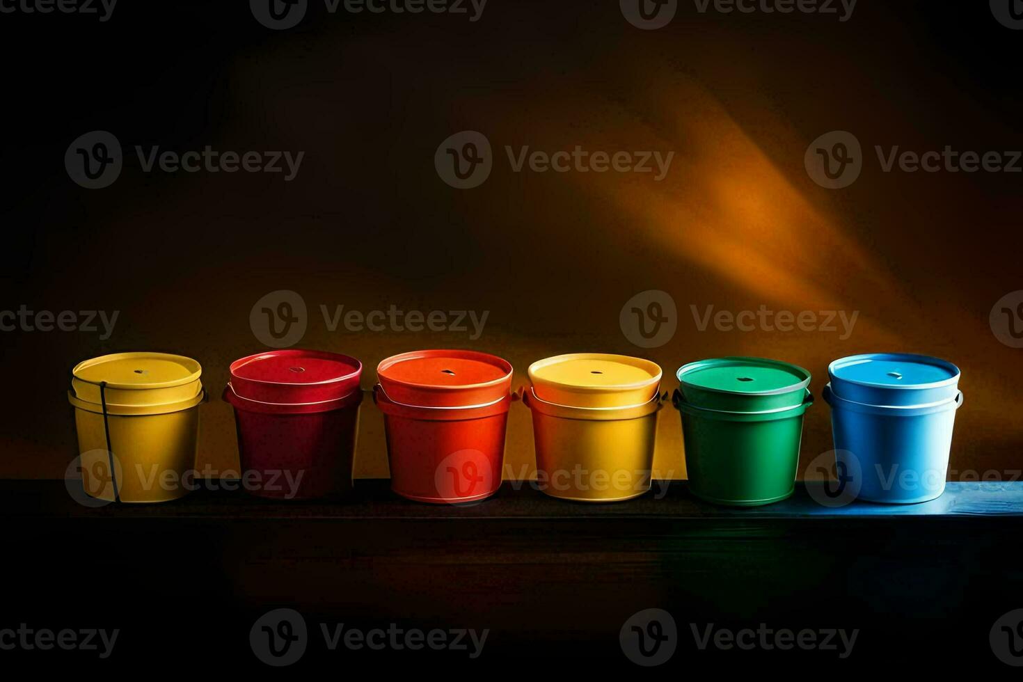 uma linha do colorida plástico copos em uma mesa. gerado por IA foto