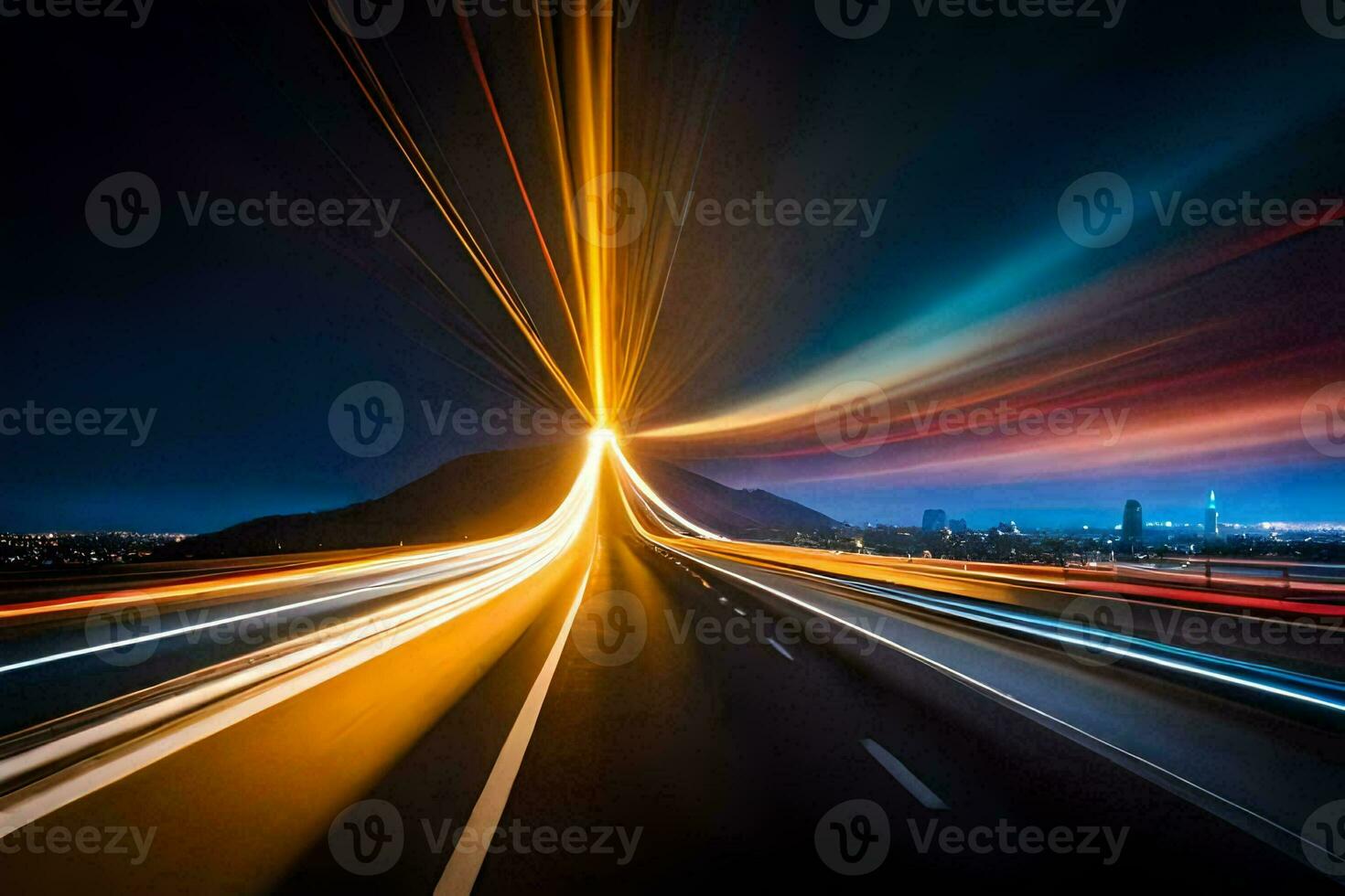 uma grandes exposição fotografia do uma rodovia às noite. gerado por IA foto