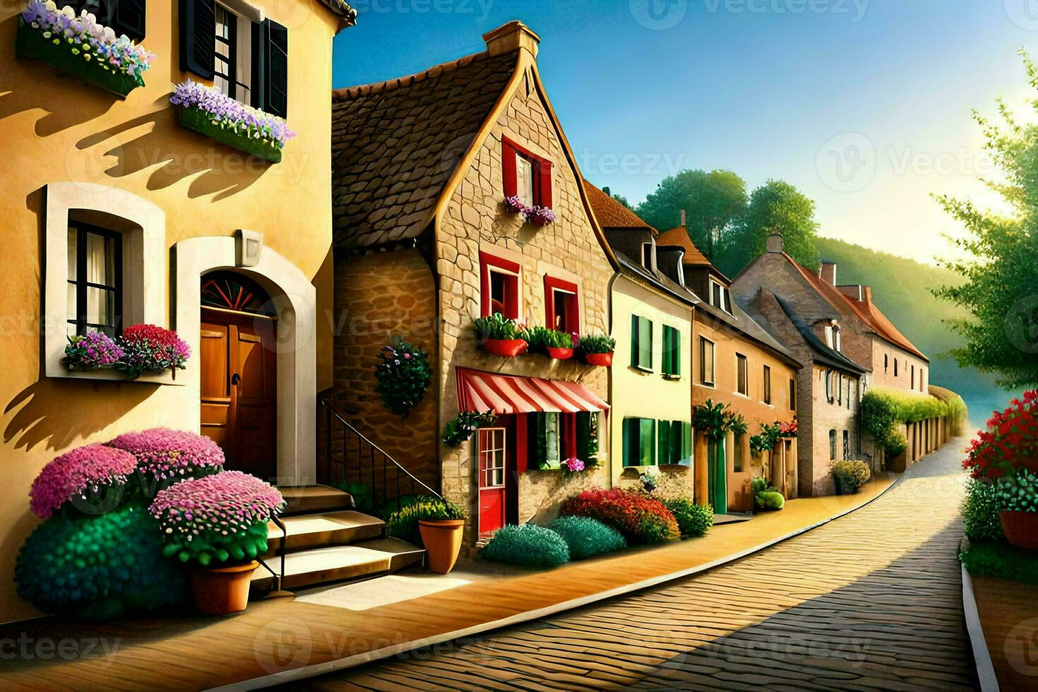 uma pintura do uma rua dentro uma pequeno cidade. gerado por IA foto