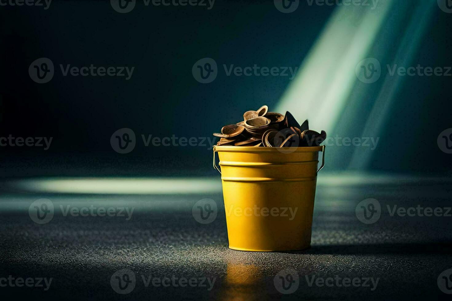 uma amarelo balde preenchidas com chocolate salgadinhos. gerado por IA foto