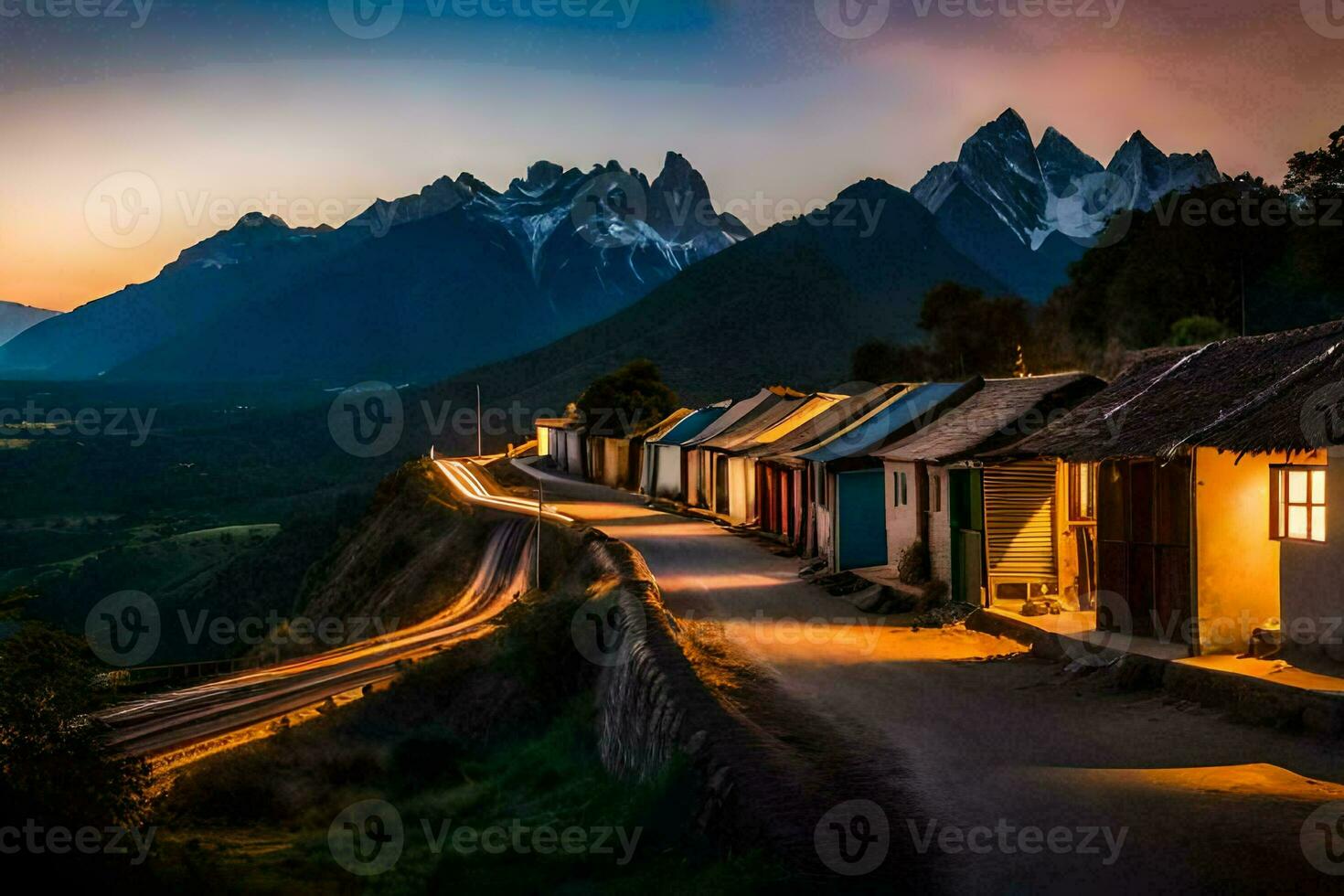 uma estrada dentro a montanhas com casas e montanhas dentro a fundo. gerado por IA foto