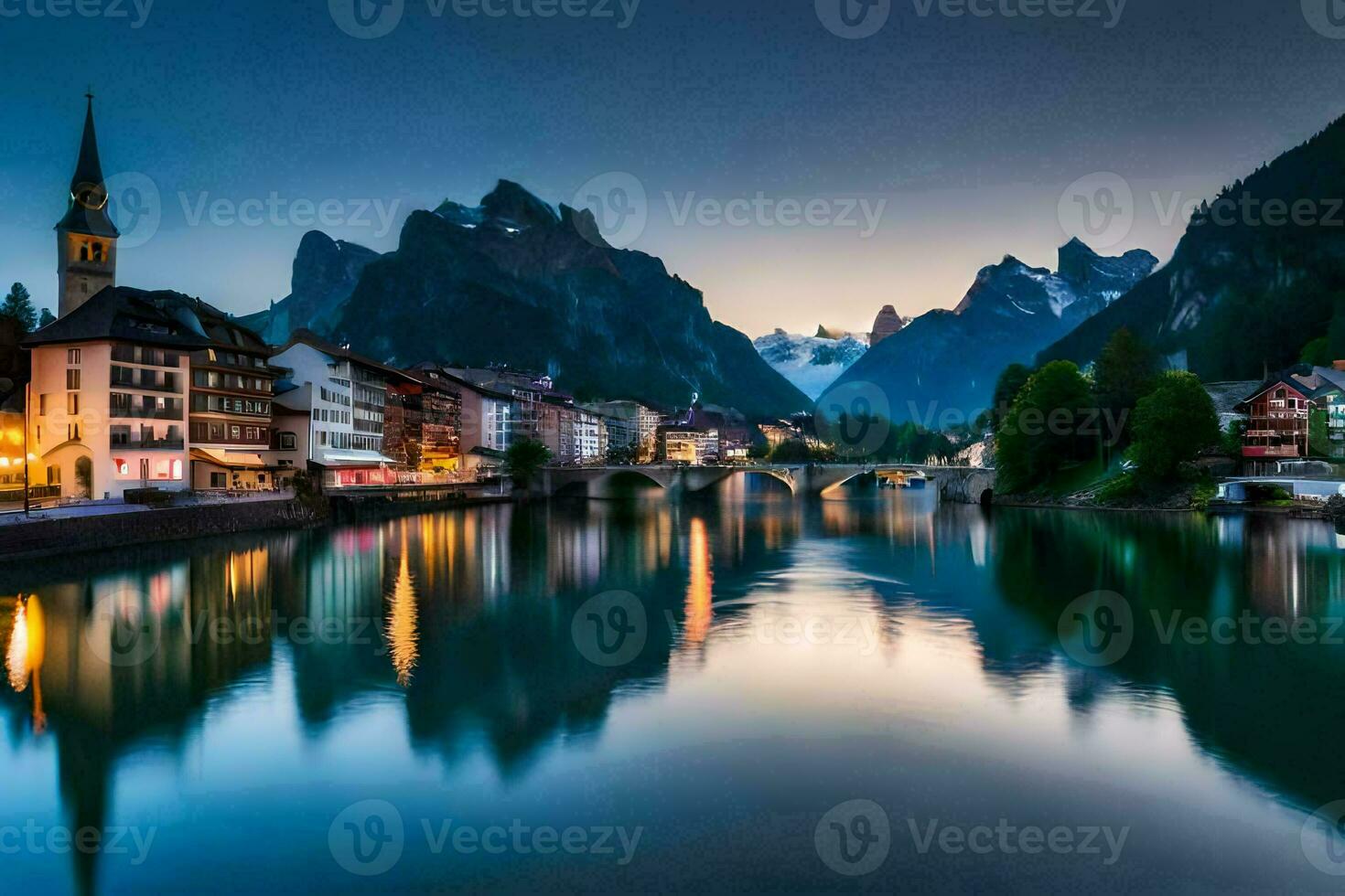 a Cidade do Suíça às crepúsculo. gerado por IA foto