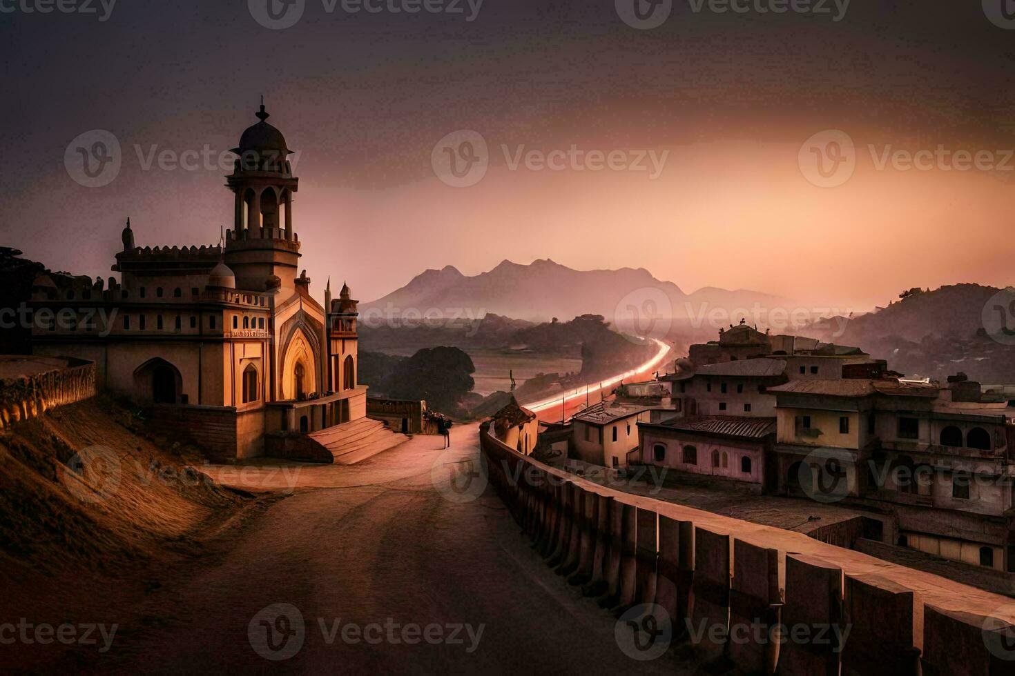 uma estrada conduzindo para uma mesquita dentro Índia. gerado por IA foto