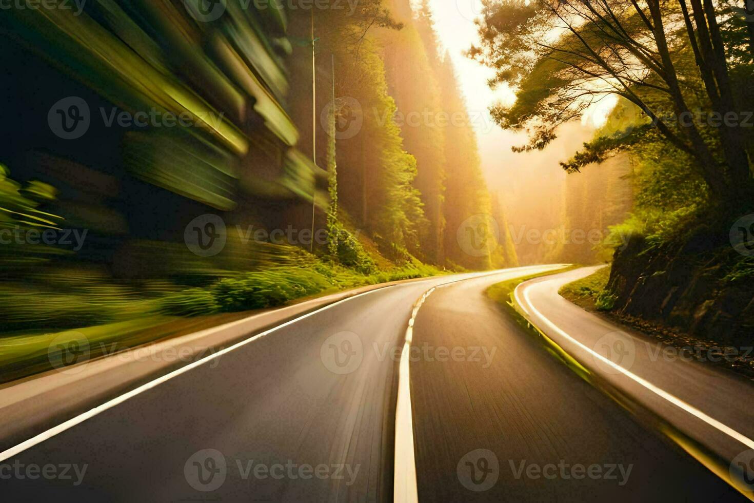 uma embaçado imagem do uma estrada dentro a floresta. gerado por IA foto