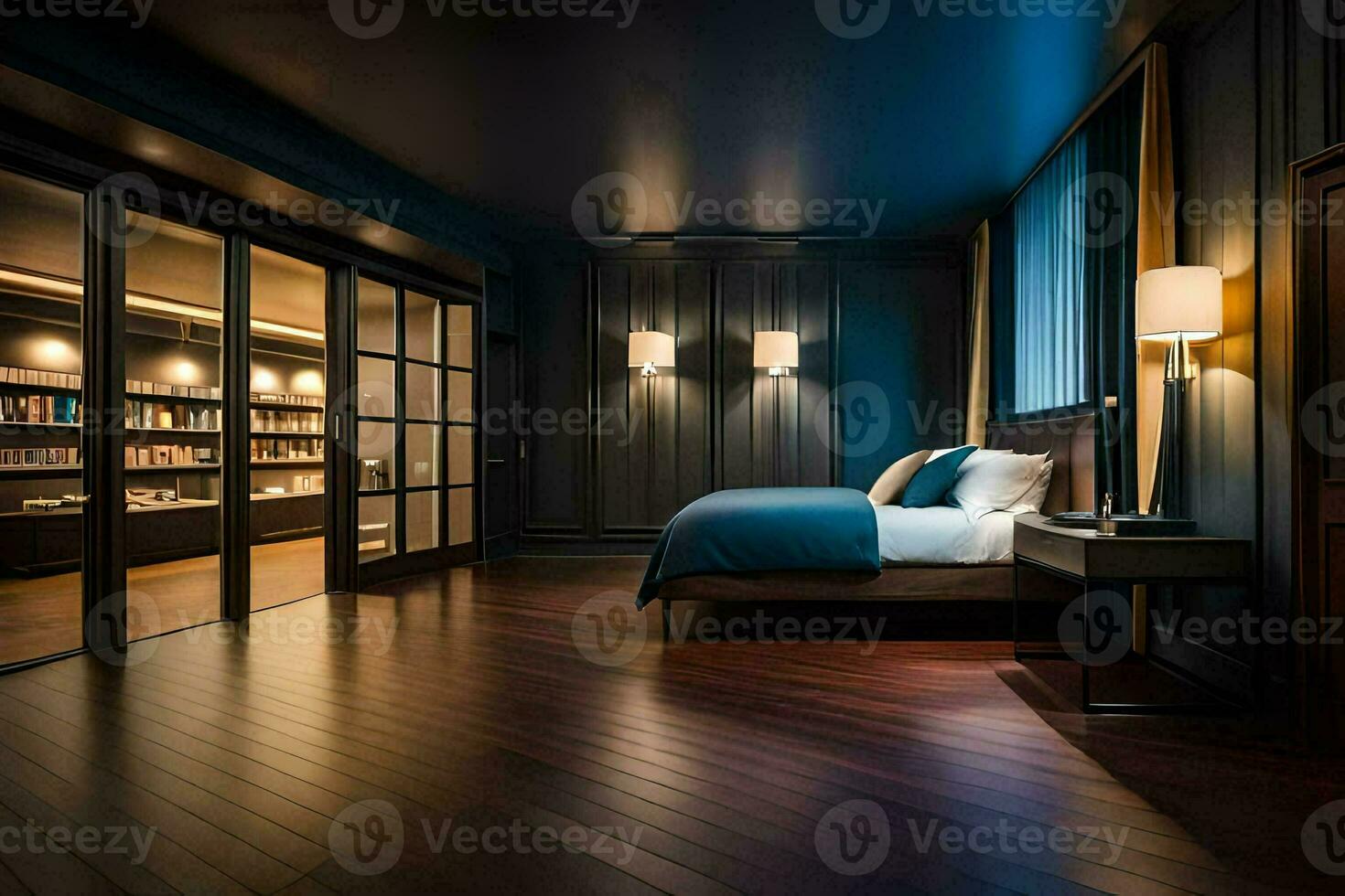 uma quarto com uma cama e estantes. gerado por IA foto