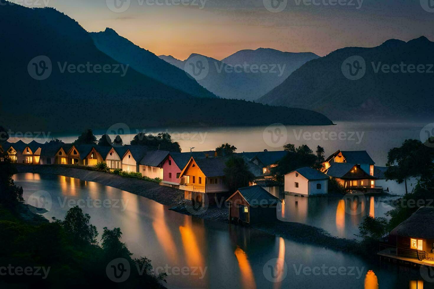 uma lago e casas dentro a montanhas às crepúsculo. gerado por IA foto