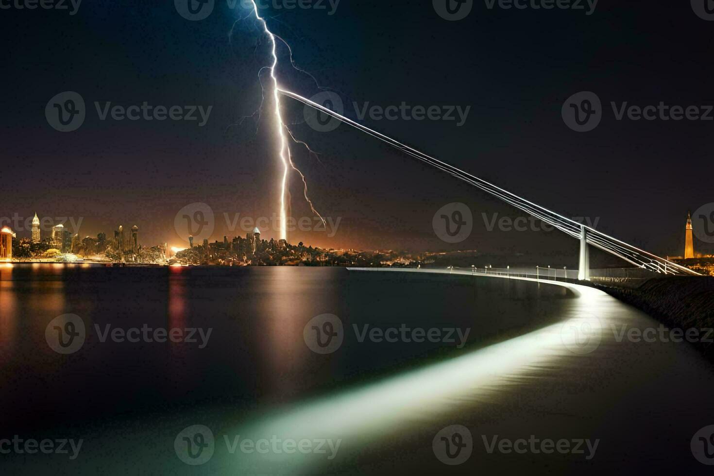 uma relâmpago parafuso é visto sobre a água e uma cidade Horizonte. gerado por IA foto