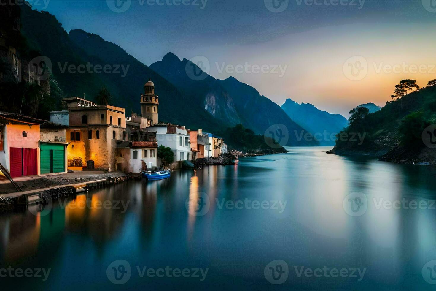 uma rio dentro a montanhas às crepúsculo com casas em a costa. gerado por IA foto