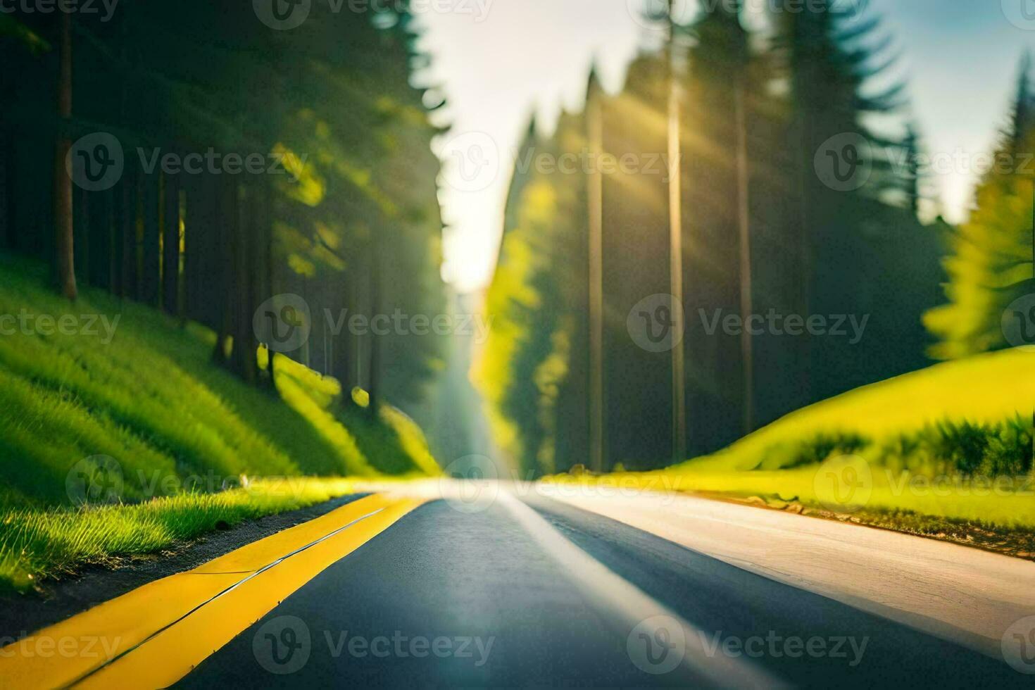 uma estrada dentro a floresta com árvores e Sol brilhando. gerado por IA foto