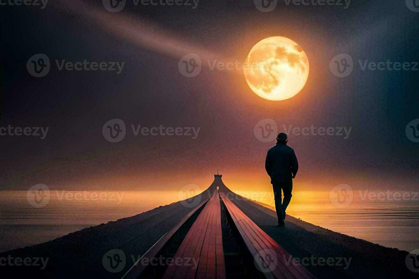 uma homem anda em ao longo uma cais às noite com uma cheio lua. gerado por IA foto