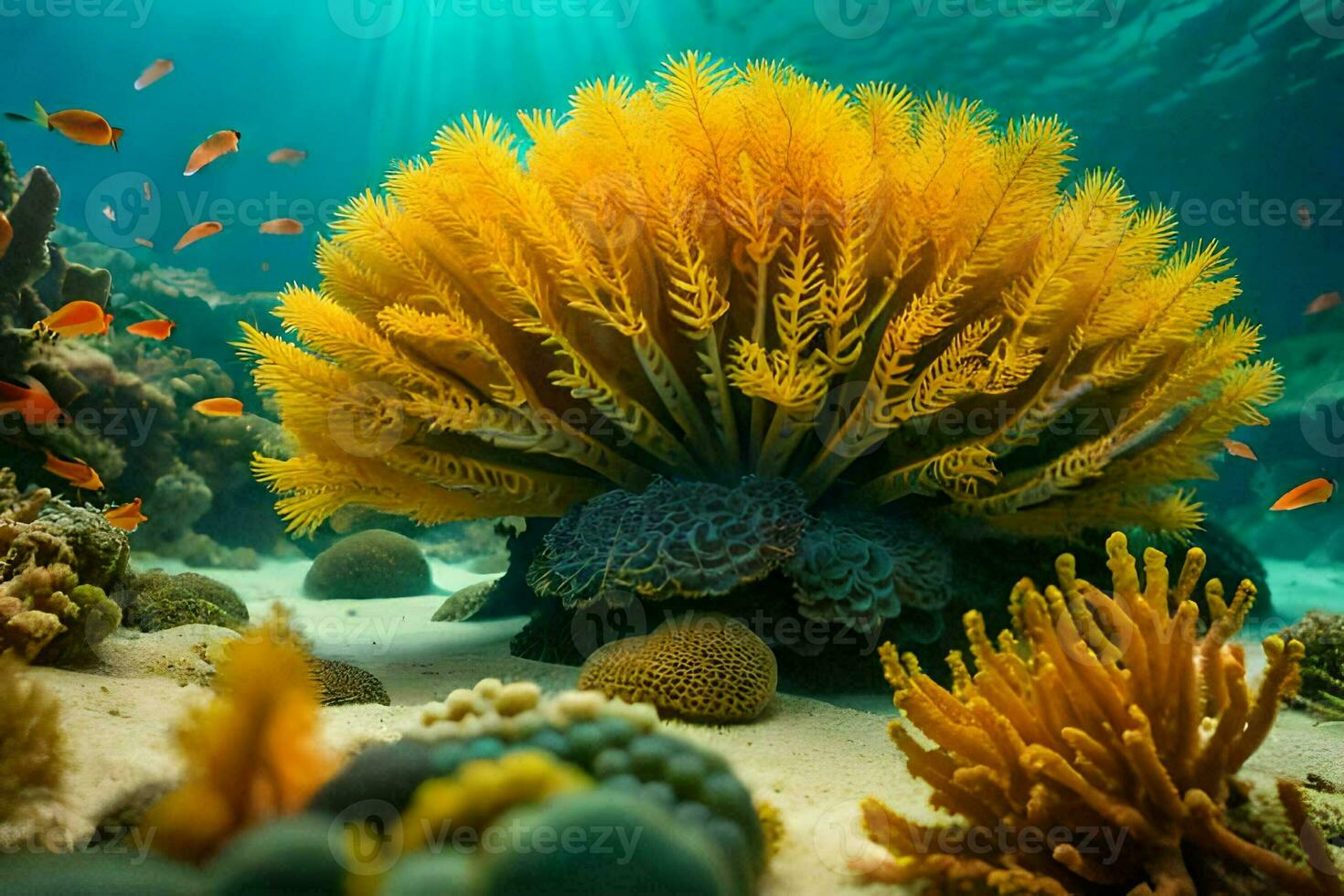 uma coral recife com muitos diferente tipos do peixe. gerado por IA foto