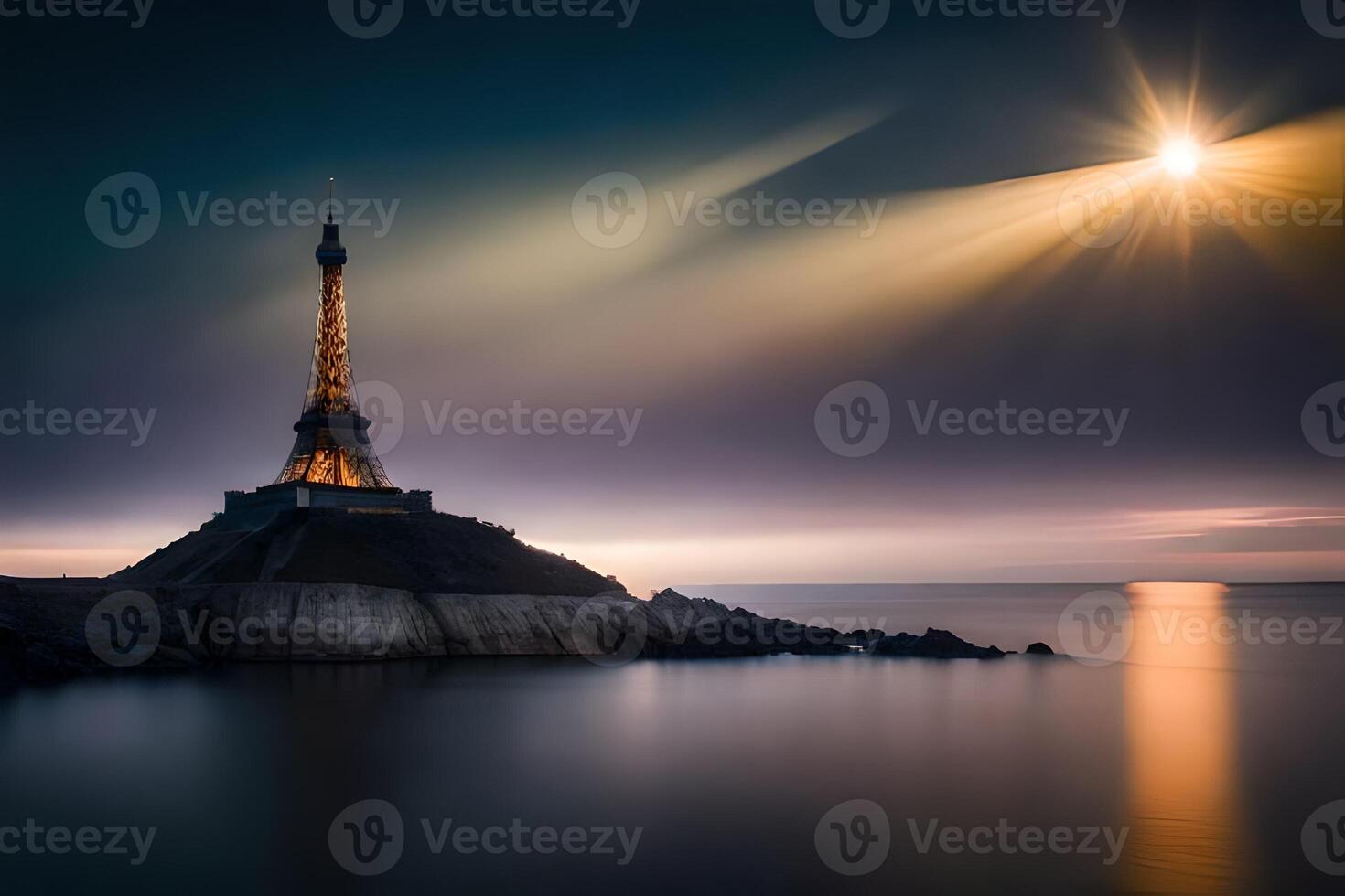 a eiffel torre às noite com a Sol brilhando. gerado por IA foto