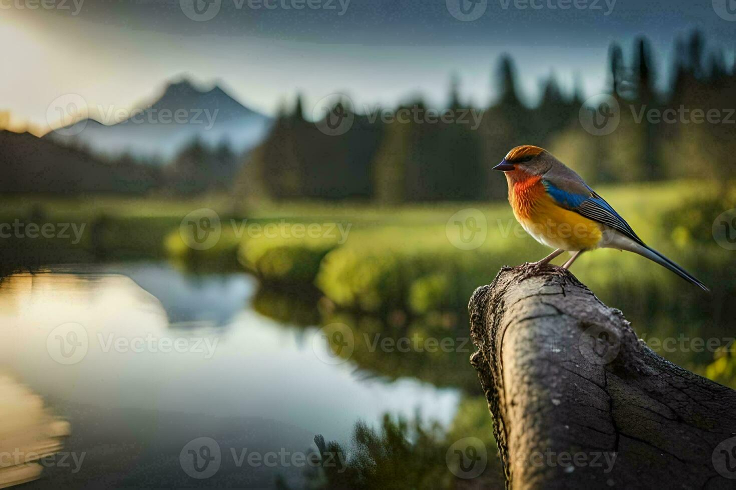 uma colorida pássaro senta em uma registro perto uma lago. gerado por IA foto
