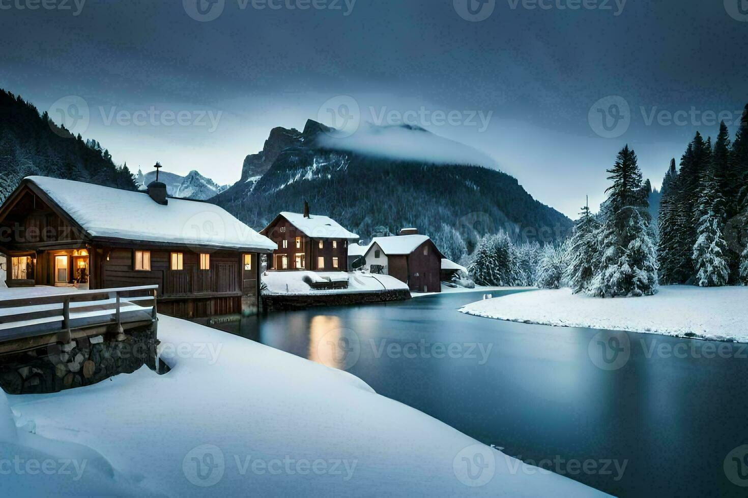 uma Nevado montanha Vila com de madeira casas e uma rio. gerado por IA foto