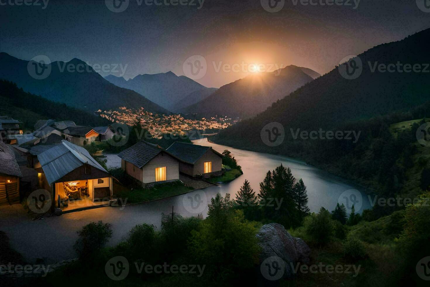 foto papel de parede a céu, montanhas, rio, casa, lua, a lua, a sol,. gerado por IA