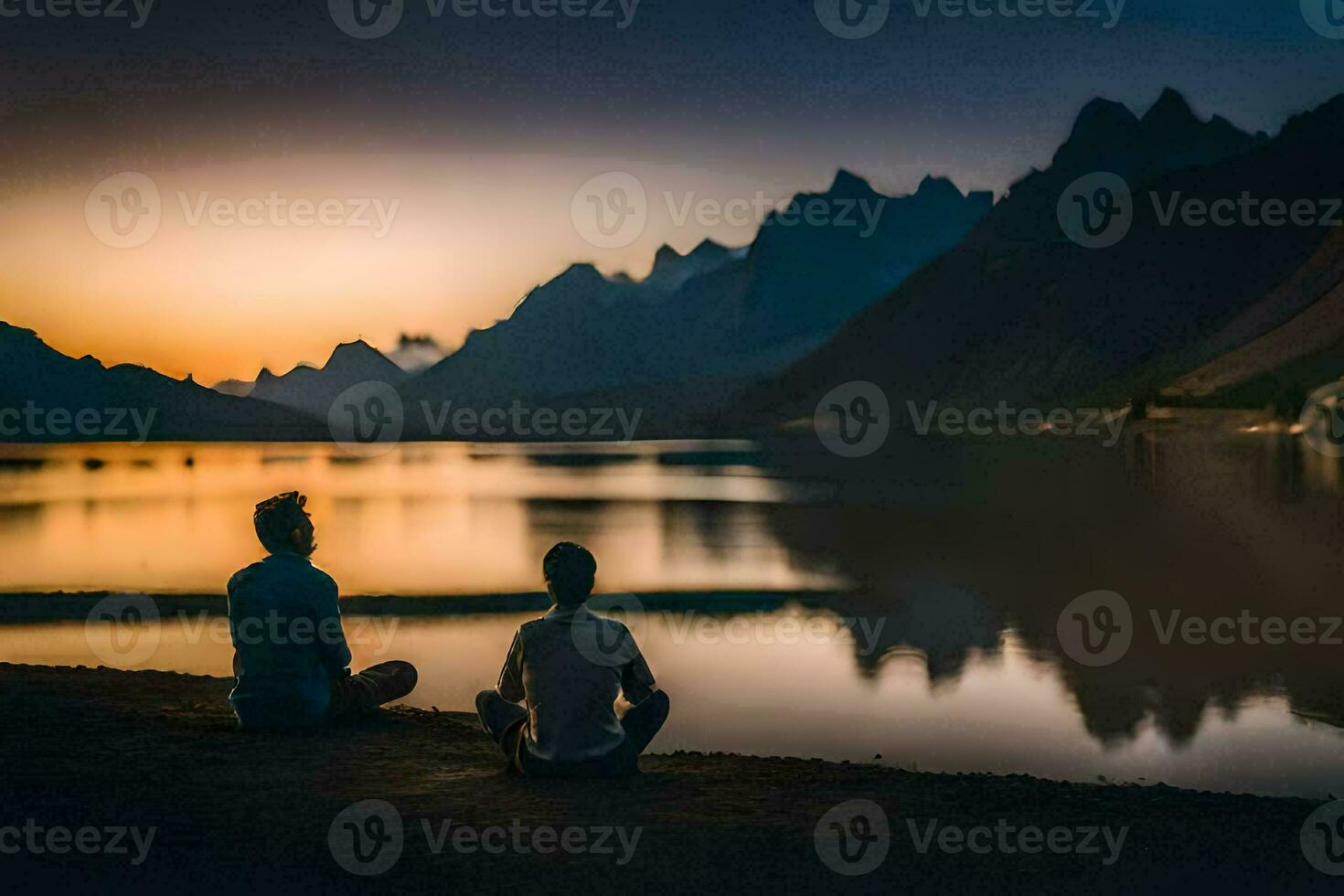 dois pessoas meditando de a lago. gerado por IA foto