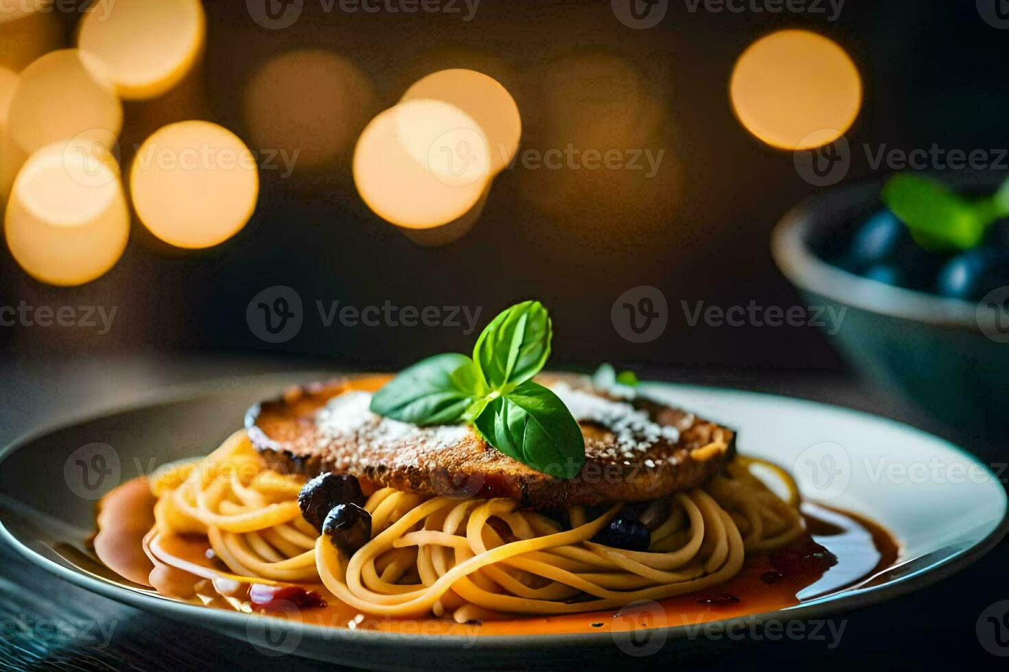 espaguete com carne e molho em uma placa. gerado por IA foto