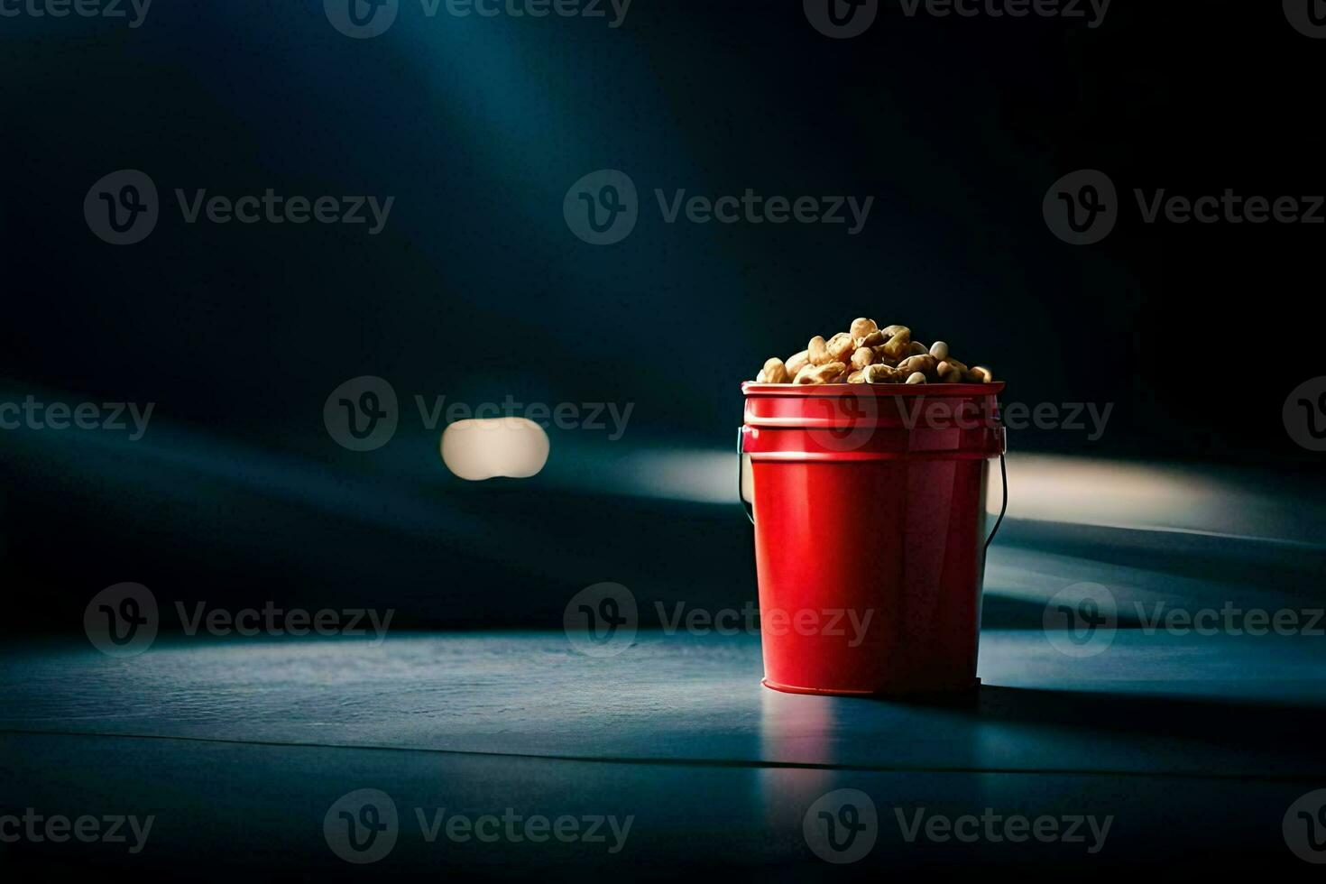 uma vermelho balde preenchidas com amendoim senta em uma mesa. gerado por IA foto